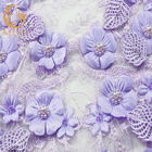 Abiye için İşlemeli 3D Çiçek Dantel Kumaş / Mor Dantel Malzeme Polyester
