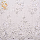 Güzel 3D Beyaz Çiçekli Dantel Kumaş Boncuklu Polyester Suda Çözünür