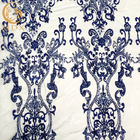 Moda Gösterisi Elbiseler için Mavi Naylon El Yapımı Boncuklu Dantel Kumaş