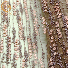 Naylon Mesh Üzerinde Boncuklu Nakışlı Mor 3D Çiçek Dantel Kumaş