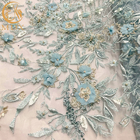Abiye için 20% Polyester Mavi 3D Çiçek Dantel Kumaş