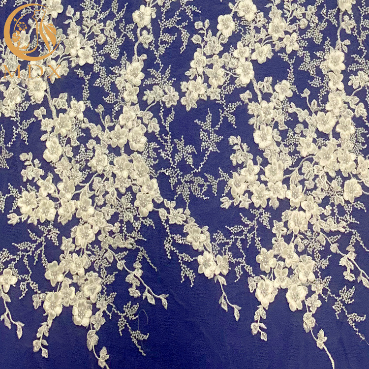 Gelin Elbise için Beyaz 3D Aplike Nakış Boncuklu Dantel Kumaş