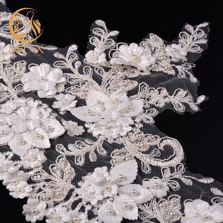 Giysi Beyaz 3D Çiçek Dantel Trim Nakış Özel Boyut %80 Naylon