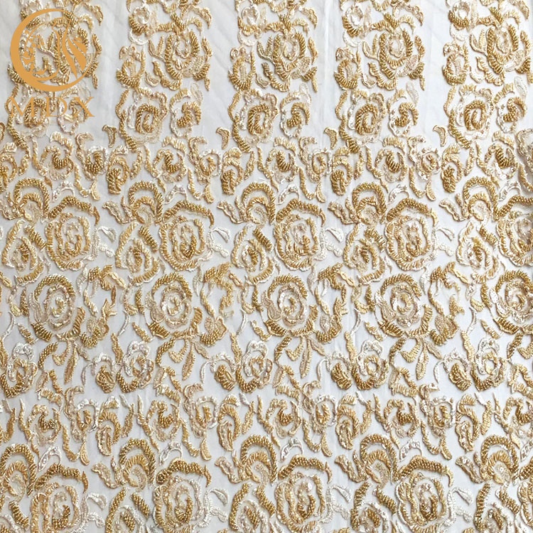Elbiseler için Altın Tül İşlemeli Boncuklu Ağır El Yapımı Dantel Kumaş