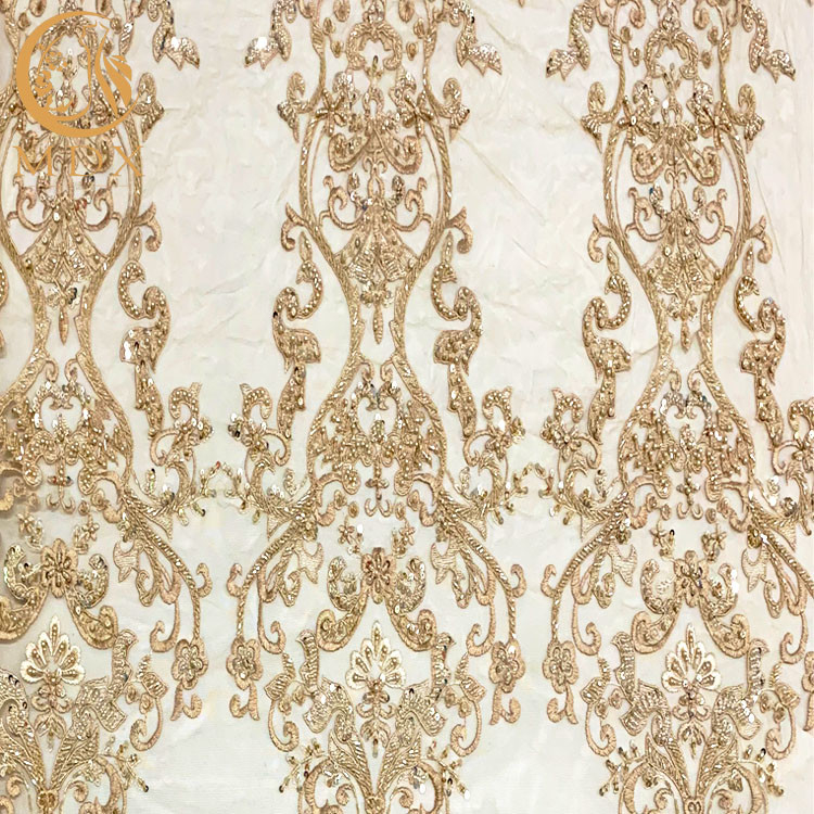 Ev Tekstili İçin Polyester Altın Boncuklu Nakış Dantel Kumaş